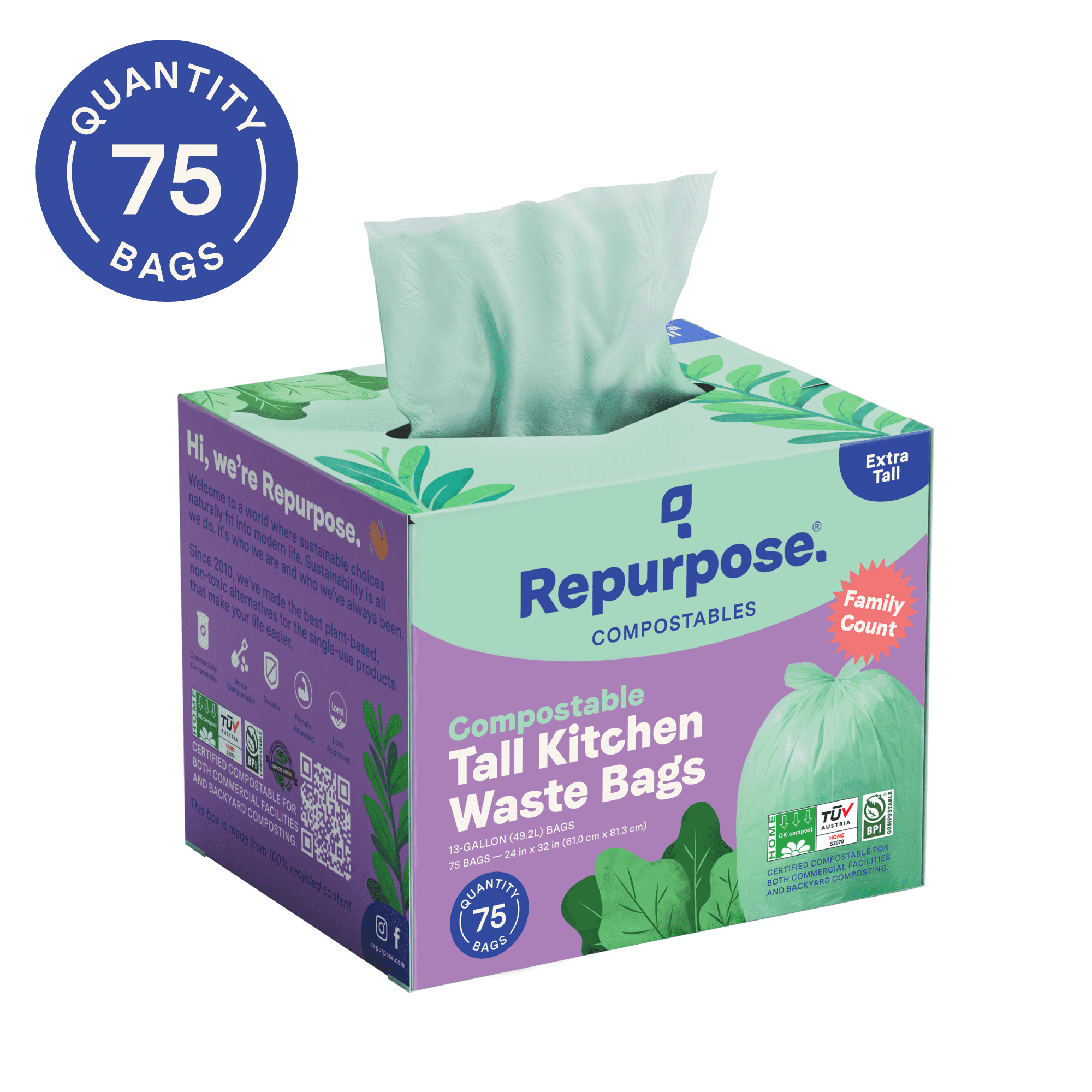 Repurpose 100 Compostable 13Gallon Tall Kitchen Trash Bags 75 Bags