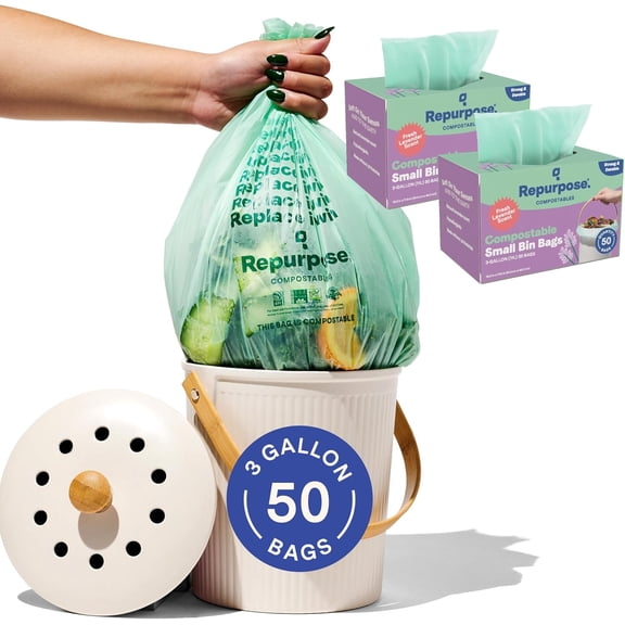 Repurpose 3 Gallon Fresh Lavender Scented Compostable Trash Bags, 100 Count, Small Kitchen Bin Liners, BPI Certified, Leak Proof