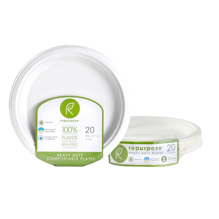 Repurpose Compostable Heavy Duty Plates, 9", White, 20 Ct
