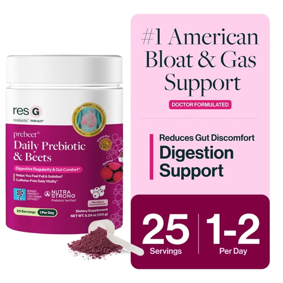 ResBiotic resG Prebeet Daily Prebiotic Powder with Beetroot and Vitamin B12 for Digestive Support, 5.29 oz
