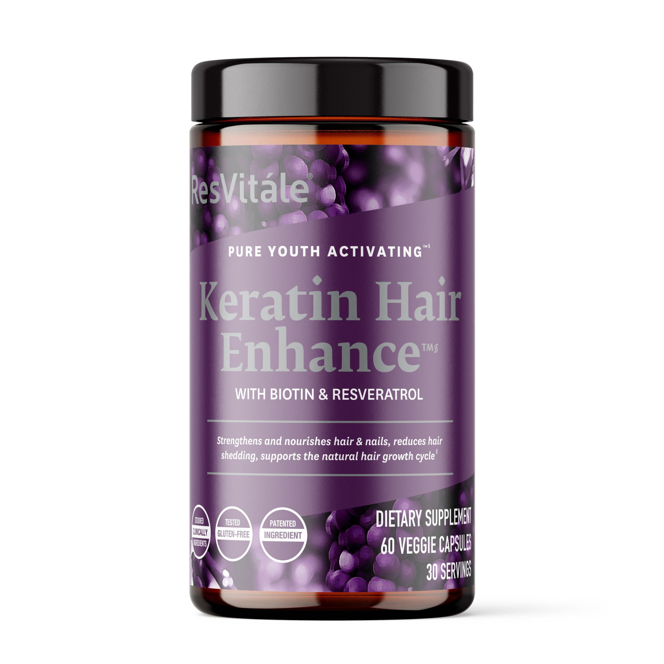 ResVitale Keratin Hair Enhance - Keratin Complex for Hair, Skin and Nails - Keratin Hair Supporter with Resveratrol, Biotin, Vitamin B6, & Pantothenic Acid - 60 Veggie Caps