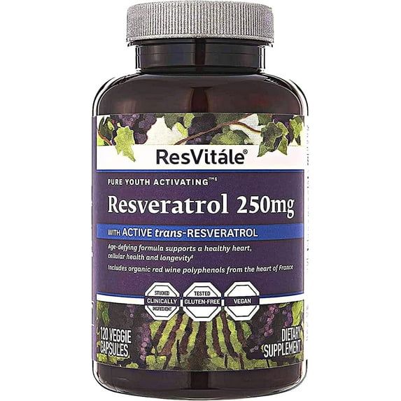 ResVitale Resveratrol 250mg - Anti Aging Antioxidants Supplement for Heart Health & Immune Support - Natural Trans Resveratrol Supplement with Grape Extract & Quercetin, 120 Veggie Caps
