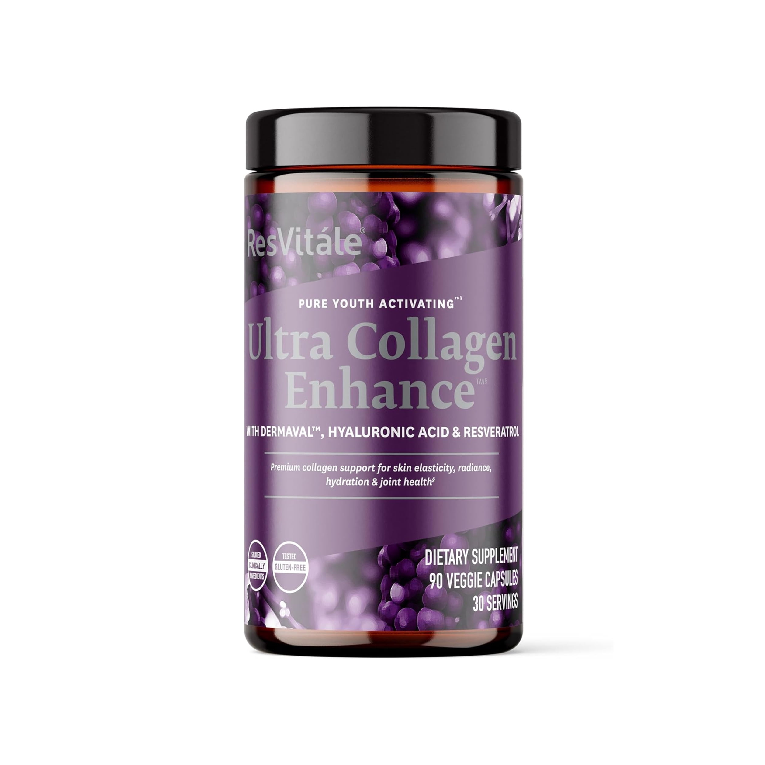 ResVitale Ultra Collagen Enhance - Anti Aging Skin Care and Joint Supplement with Hydrolyzed Collagen Peptides, Hyaluronic Acid, Resveratrol, Grape Seed Extract and Dermaval Bioactive Blend, 90 Caps