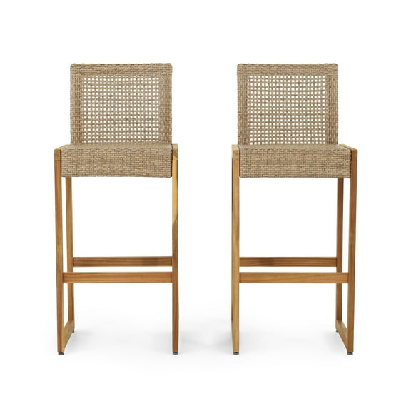 Resaca Outdoor Wicker Barstools (Set of 2), Light Multi-Brown and Teak