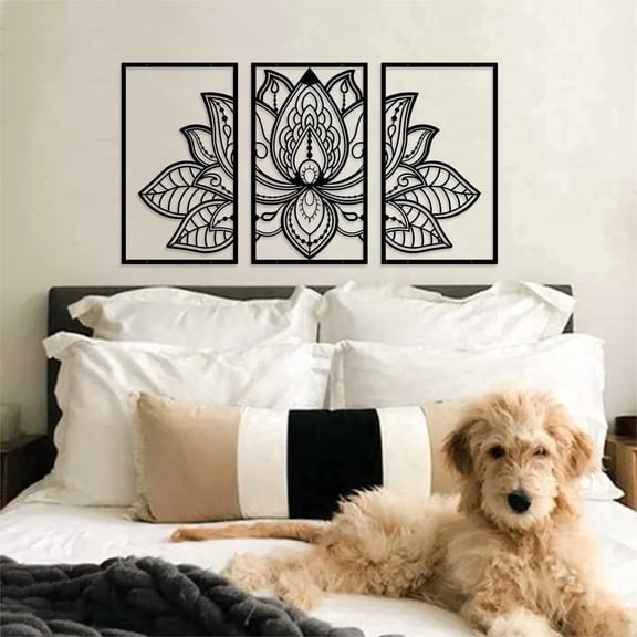 ESTART 3 Pcs Black Lotus Flower Metal Wall Art, Mandala Hanging Wall Deco for Living Room Bedroom Office Bathroom