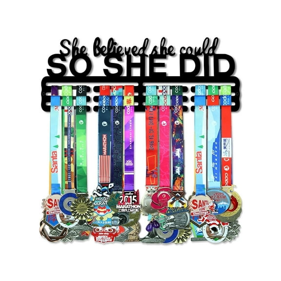 Medal Holder Display Hanger – “She Believed She Could So She Did” Inspirational Quote, Black Steel Metal, Easy to Install