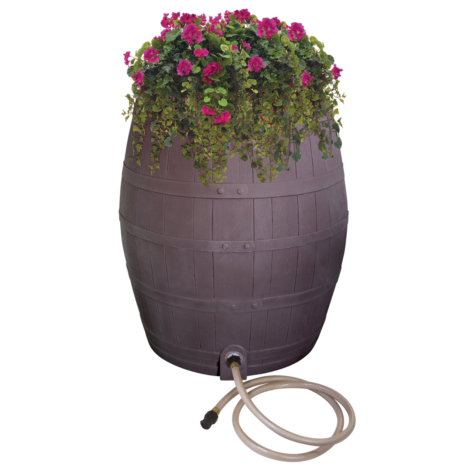 50 Gallon Brown Plastic Whiskey Rain Barrel with Planter