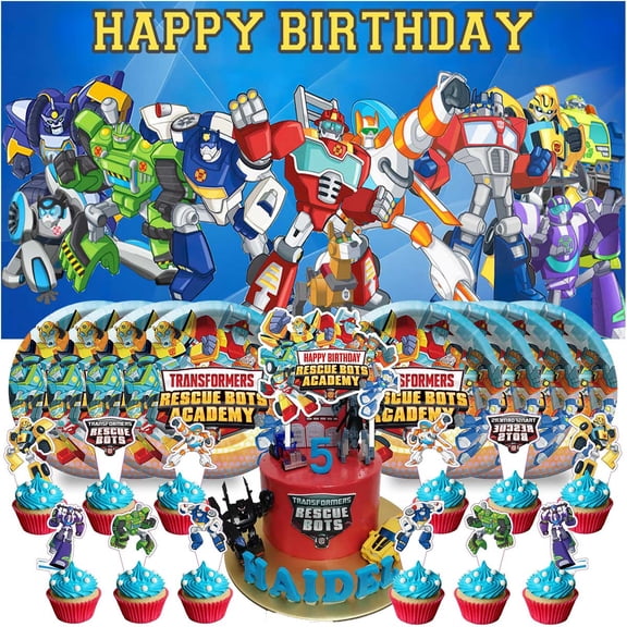 Rescue Bots Birthday Party Decor Set - 5x2.3ft Backdrop Banner, Paper Plates, Cake Toppers & Fan Decorations