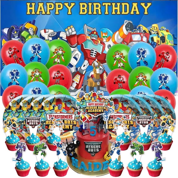 Rescue Bots Themed Birthday Party Decor Set - Balloons, Paper Plates, Cake Toppers, Tableware & 5x2.3ft Backdrop Banner