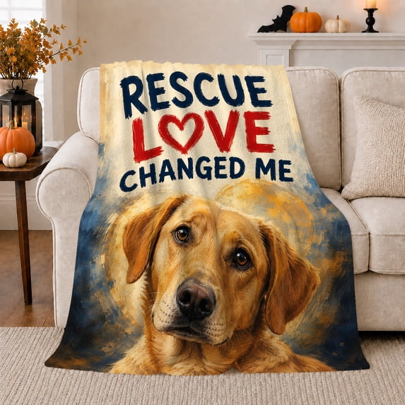 Rescue Love Changed Me Labrador Art Dog Lover, Dramatic Pet Portrait Pattern, Warm Flannel Blanket for Living Room and Reading Nook, Dog Lovers Thank You Gift, Pet Lover Home Decor