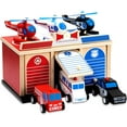 thumbnail image 1 of Rescue Station Kids Playset - 2-Level, 3-Bay Parking Garage Toy Set with Fire Truck, Ambulance, Police Car, and 3 Rescue Helicopters - Wooden Toy Rescue Vehicles for Kids Ages 3 and Up, 1 of 7