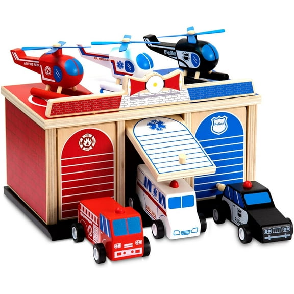 Rescue Station Kids Playset - 2-Level, 3-Bay Parking Garage Toy Set with Fire Truck, Ambulance, Police Car, and 3 Rescue Helicopters - Wooden Toy Rescue Vehicles for Kids Ages 3 and Up