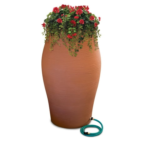 Rescue Stoneware Urn Barrel – Includes Planter Rain Water Diverter, Outlet Hose, 85 Gallons, Terracotta