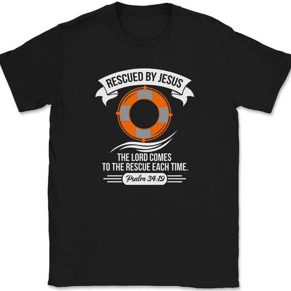 Rescued By Jesus T-Shirt Christian Religious Praise Worship Bible Tee - Black, XL