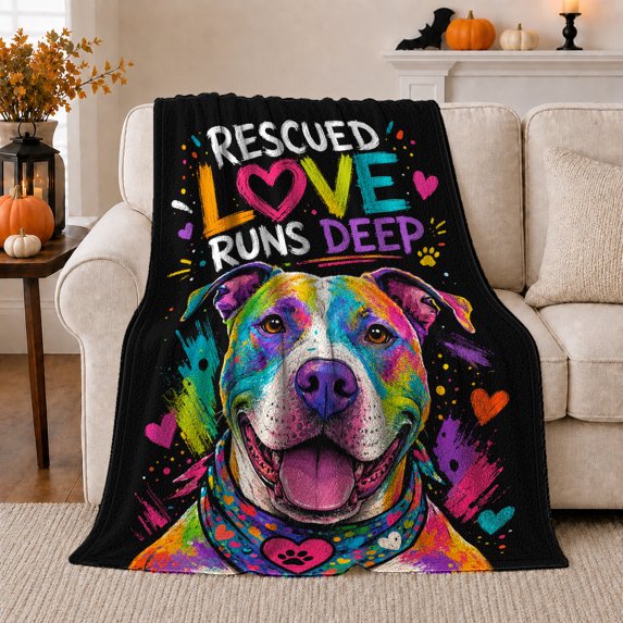 Rescued Love Runs Deep Dog Portrait, Uplifting Graphic Style for Dog Lovers, Rainbow Rescue Quote and Pet Adoption Gift, Soft Flannel Blanket for Bedroom and Family Room, Pet Home Decor