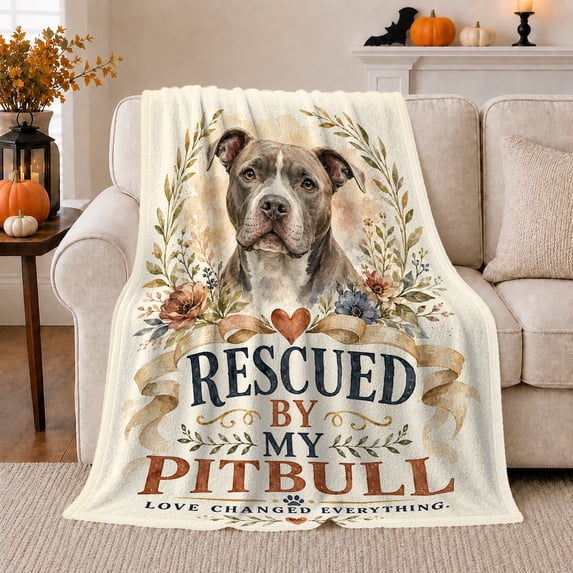 Rescued By My Pitbull Dog Portrait Roses, Playful Festive Scene, Warm Flannel Blanket for Living Room and Bedroom with Detailed Artwork, Dog Moms Christmas Gift, Festive Home Decor