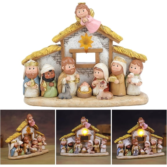 The Rescuer - LED-Lit Nativity Scene Set, Holy Family & Wisemen with Led Lights Indoor Festival Ornament, Perfect Religious Collectible Decor for Mantle, Table & Holiday Home