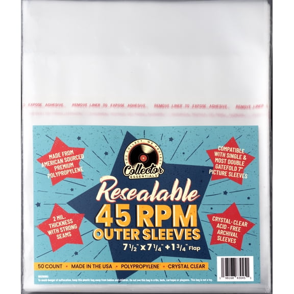Collector Essentials 45 RPM Record Storage Sleeves – 50 pack Resealable Outer Sleeves for 7-Inch Vinyl – Clear 2 Mil Archival Poly – Disc Cover Storage