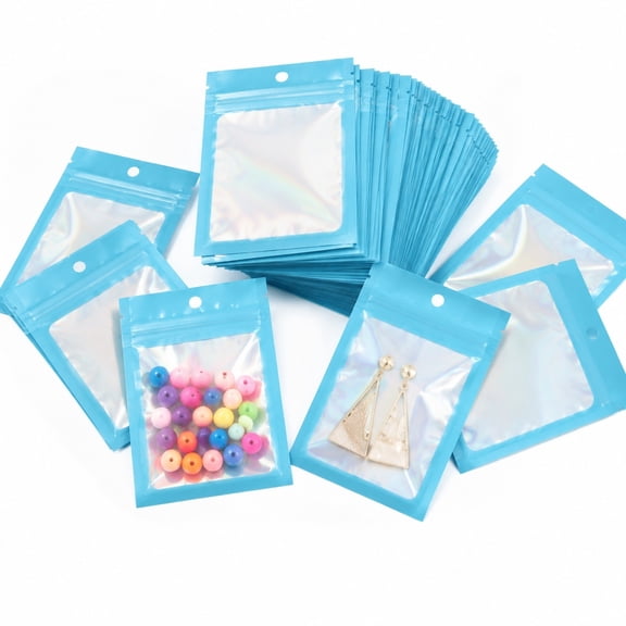 Resealable Bags, Clear Holographic Bags, 4.3x5.9inch, Foil Pouch Zipper Bag, 100Pcs Blue Packaging Baggies for Coffee Beans, Cookies, Jewelry Sample Sample