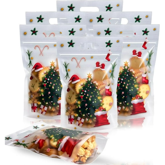 Resealable Christmas Ziplock Bags,50Pcs Clear Christmas Treat Cookie Bags with Handles for Xmas Holiday Party Candy Small Gift Wrapping Supplies Decor