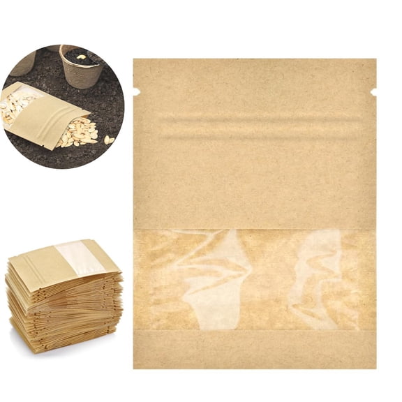 Resealable Packaging Bags,100 Pcs Kraft Paper Seed Packets,3.5x5.1"Heat Seal Storage Bag,Sample Bags with Clear Window,Coin Envelopes Bags,Seal Zipper Pouch for Small Business
