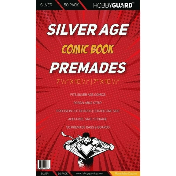 Resealable Silver Age Premade Comic Book Bags and Boards (50 Pack) HOBBY GUARD