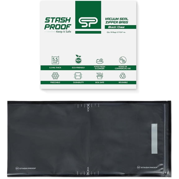 Resealable Zipper Vacuum Seal Bags 11" x 24" 50 Count 5.5 Mil Black and Clear BPA Free Commercial Grade Food Saver for Storage Sous Vide and Meal Prep Sealer Bag