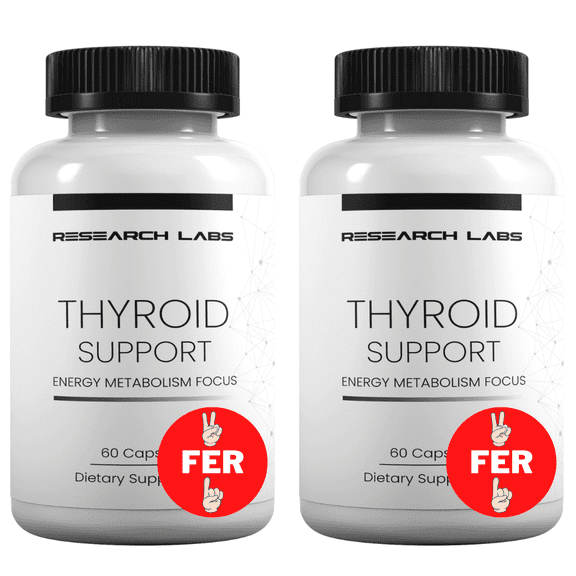 Research Labs Thyroid Support + Iodine Supplement - Energy, Metabolism, Focus (60 Capsules) - 2 Pack.