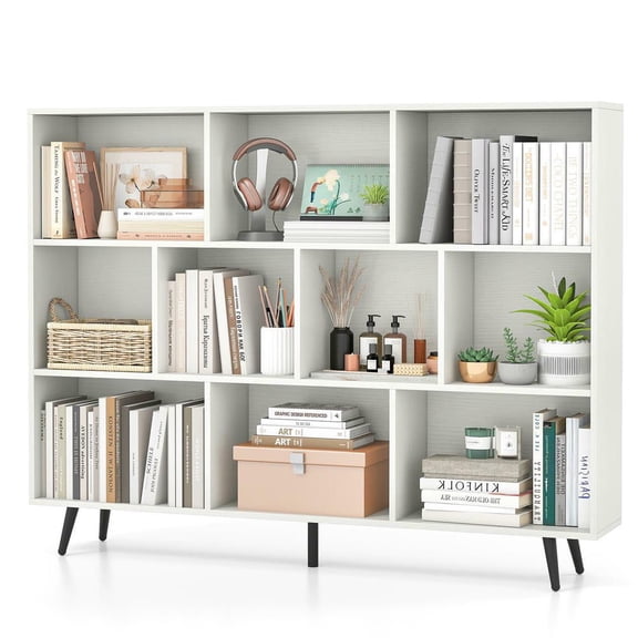 Resenkos 10-Cube Bookcase with 5 Tapered Metal Legs, White + Black