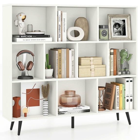 Resenkos 10-Cube Bookcase with 5 Tapered Metal Legs, White + Black