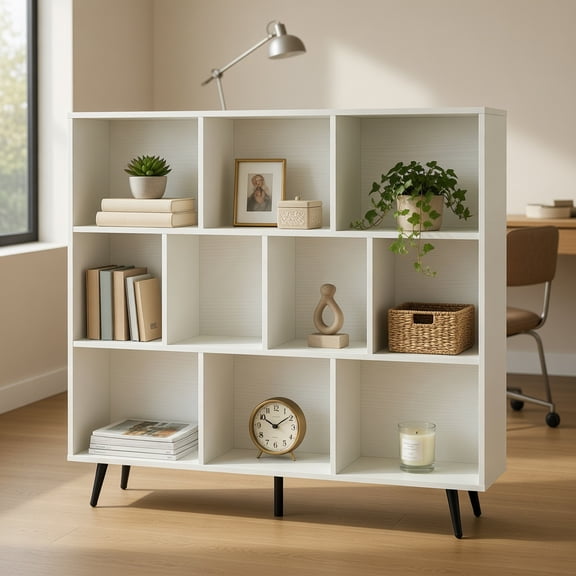 Resenkos 10-Cube Bookcase with 5 Tapered Metal Legs, White + Black