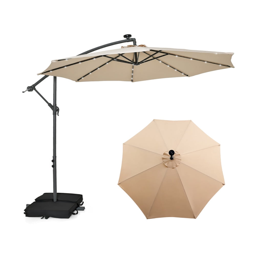 Resenkos 10 Feet Cantilever Umbrella with 32 LED Lights and Solar Panel Batteries-Beige, Patio Offset Umbrella with Easy Tilt Adjustment, Outdoor Hanging Umbrella, Sunshade Umbrella Canopy