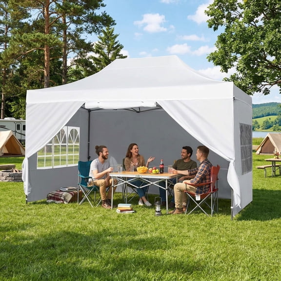 Resenkos 10 x 14 Ft Outdoor Pop Up Canopy Tent, Commercial Grade Adjustable Height Sunshade Shelter with UV Protection for Patio and Market, White