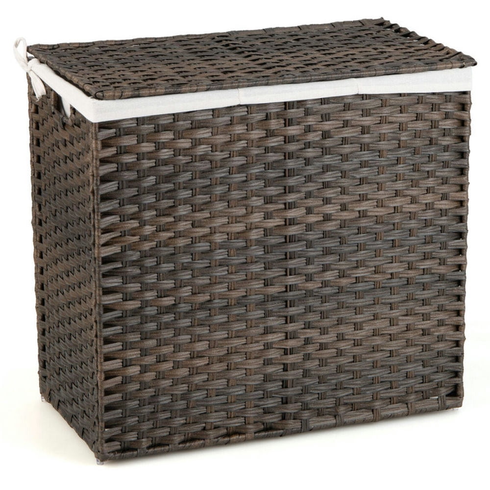 Brown Collapsible PE Rattan Laundry Hamper with Lid and Wheels