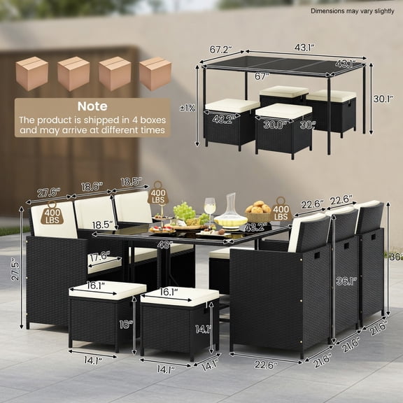 Resenkos 11 Piece Patio Dining Set Wicker Chairs and Tempered Glass Table with Waterproof Cushions-Black & White for Balcany, Poolside