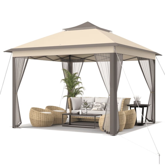 Resenkos 11 x 11 Feet 2-Tier Pop-Up Gazebo Tent Portable Canopy Shelter Carry Bag Mesh-Brown, Outdoor Gazebo Wedding Party Tent Canopy Tent for Outside Party Waterproof Tent