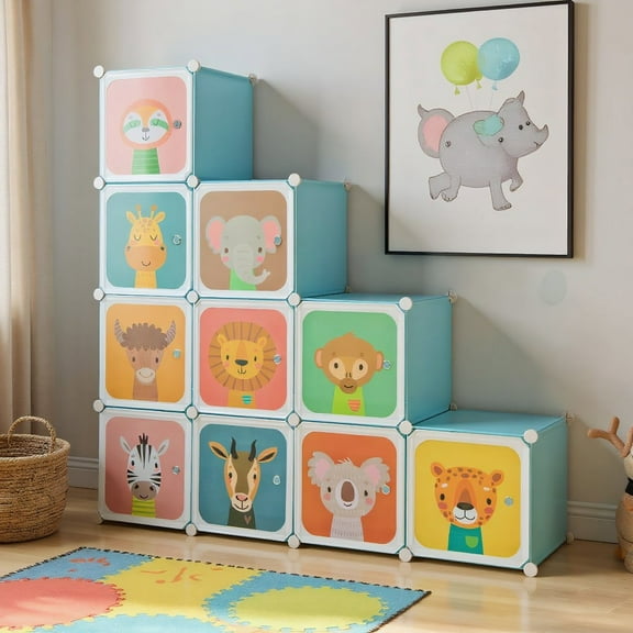 Resenkos 12 Cube Kids Wardrobe Closet with Hanging Section and Doors-Blue, Kids Toy Storage for Kids, Boys, Girls, Nursery