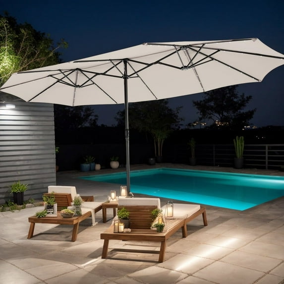 Resenkos 15 Feet Double-Sided Patio Umbrella with 48 LED Lights-Beige, Outdoor Table Umbrella, Yard Umbrella, Outdoor Patio Umbrellas for Outdoor Patio Backyard Garden