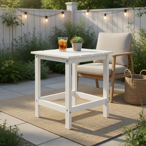 Resenkos 15 Inch Patio Square Wooden Slat End Side Coffee Table for Garden-White, Slatted Outdoor Coffee Table for Outside Patio Storage