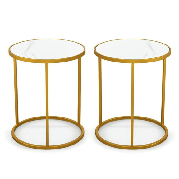 Resenkos 16 Inch Marble Top Round Side Table with Golden Metal Frame for Living Room Bedroom-Set of 2, Nightstand Small Side Table, End Table for Bedroom Living Room
