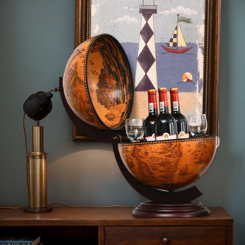Rotating Globe Wine Bar - Eucalyptus Wood With Vintage Nautical Maps