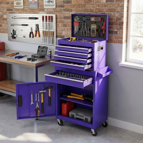 Resenkos 2 in 1 Rolling Tool Chest with 5 Lockable Sliding Drawers and Steel Construction, Mobile Tool Storage Organizer for Garage, Workshop and DIY Space, Purple
