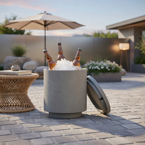Resenkos 2.6 Gal Concrete-Style Outdoor Cooler Side Table – 3-in-1 Ice Bucket, Storage Box & Patio End Table, Gray