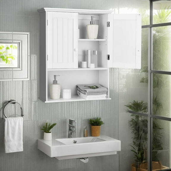 Resenkos 2-Door Wall Mount Bathroom Storage Cabinet with Open Shelf-White, Wall Cabinet for Bathroom Laundry Room Kitchen