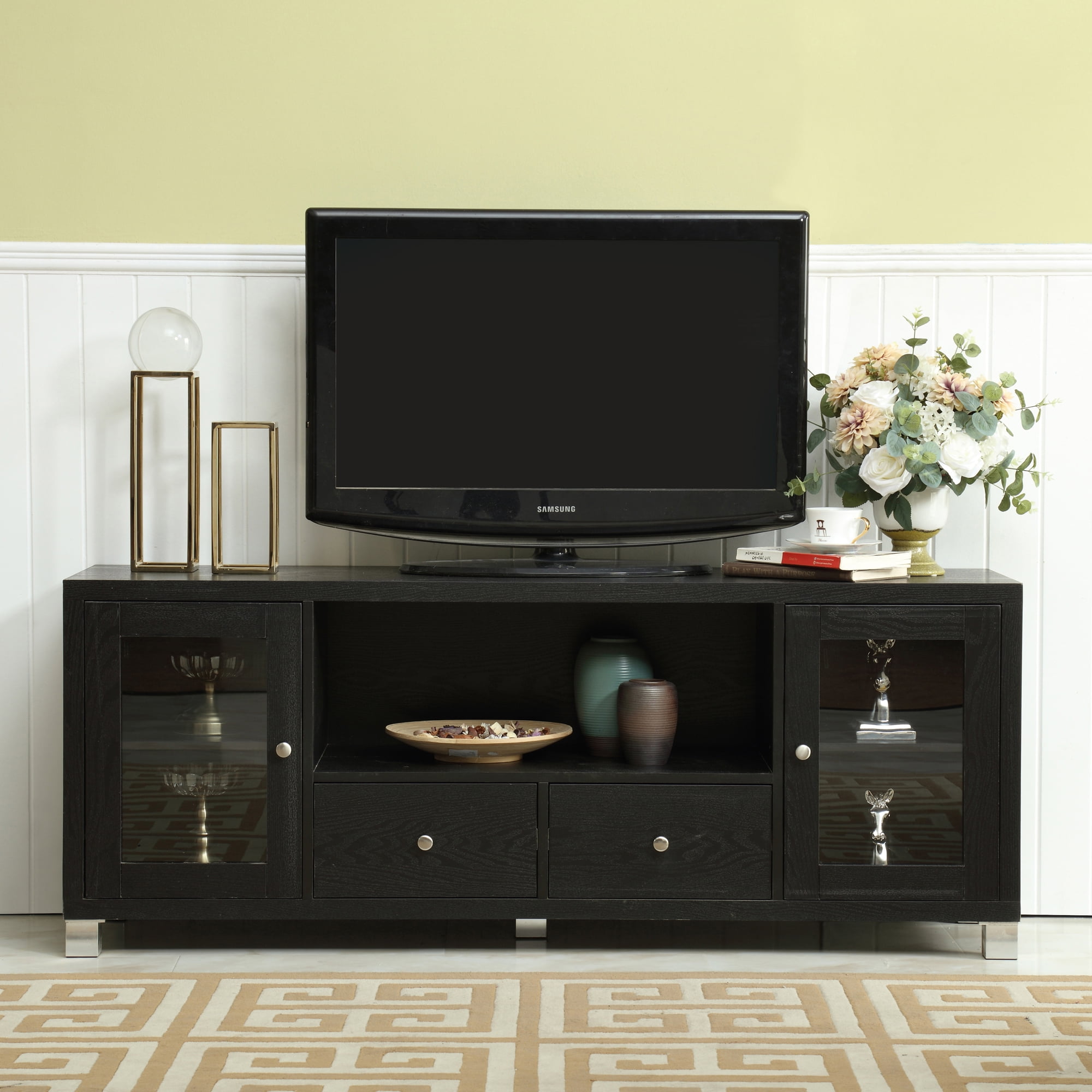 Resenkos 2 Doors and 2 Drawers TV Console for up to 58 inches Television, 55" Entertainment Center Storage Stand with Open Shelf in Black