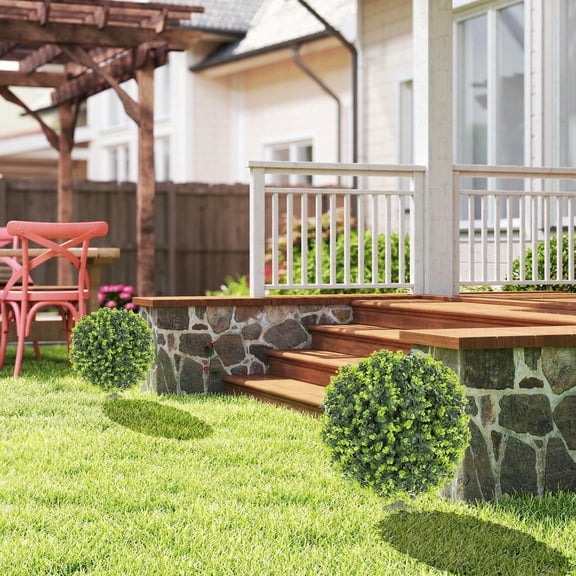 Resenkos 2 Pack 1.3ft Artificial Ball Eucalyptus Topiary with Ground Stake, UV Resistant Faux Greenery for Indoor Outdoor