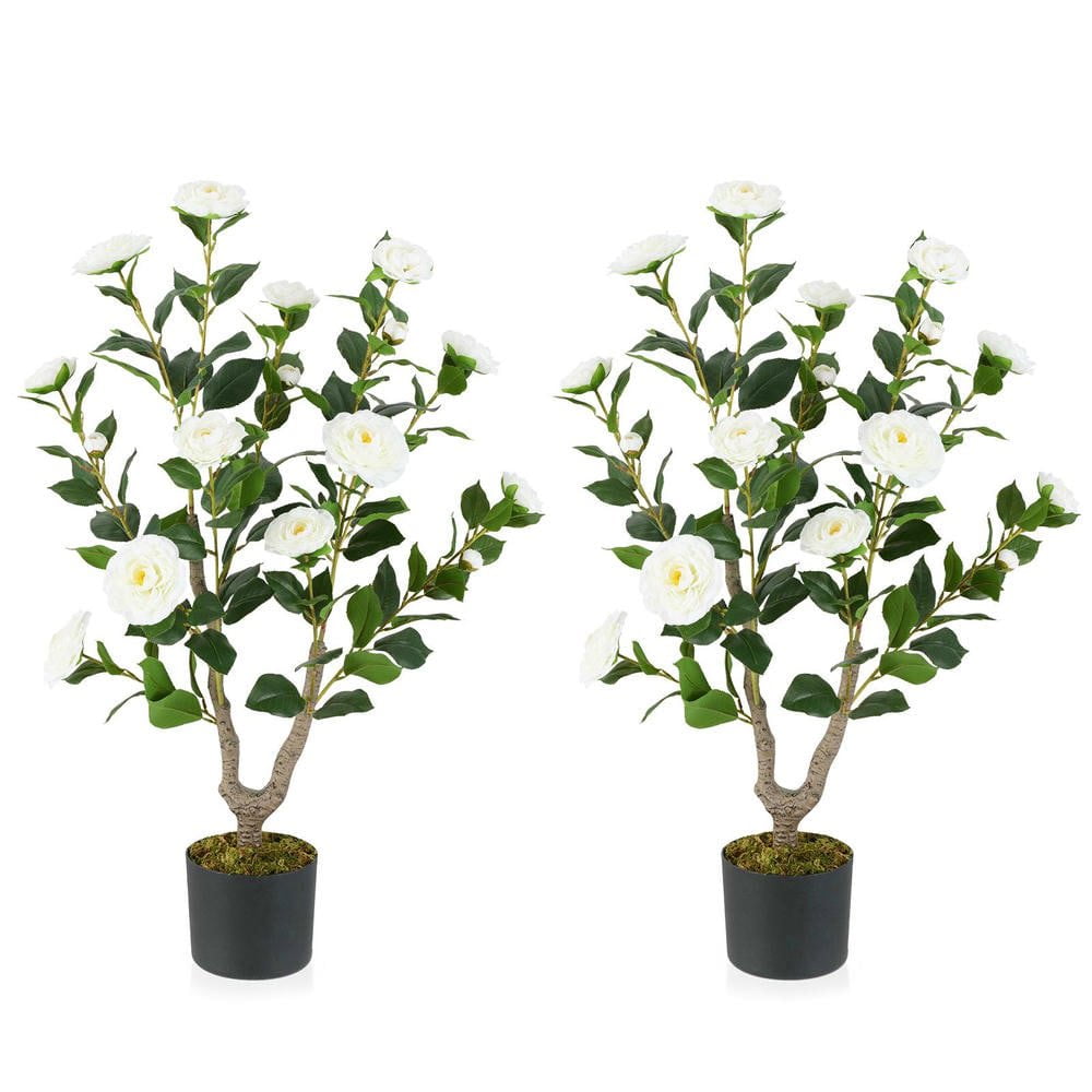 Resenkos 2-Pack 36-Inch Artificial Camellia Trees with Blooming Flowers - White