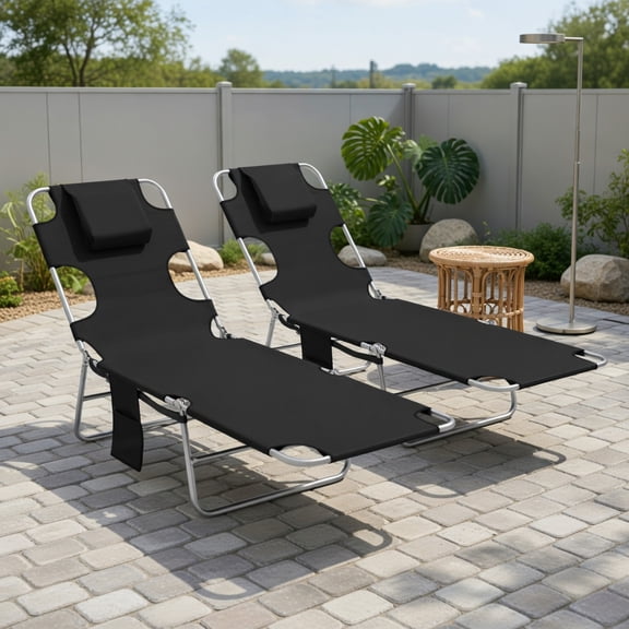 Resenkos 2‑Pack Fold‑Flat Tanning Sunbed, 5‑Level Adjustable Reclining Chaise Lounge Chair, Built‑in Face Hole and Removable Pillow for Patio Beach Pool Yard, Black