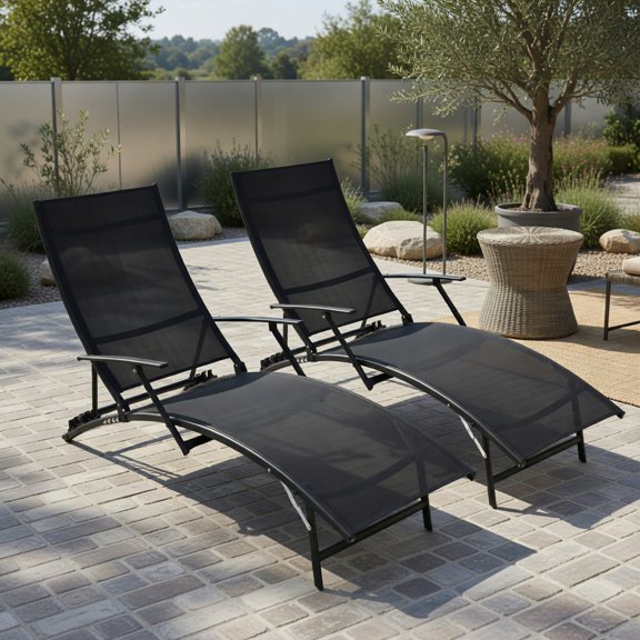 Resenkos 2-Pack Foldable Stackable Outdoor Chaise Lounge Chairs with 5-Position Adjustable Backrest, Rustproof Steel Frame & Quick-Dry Fabric  Black