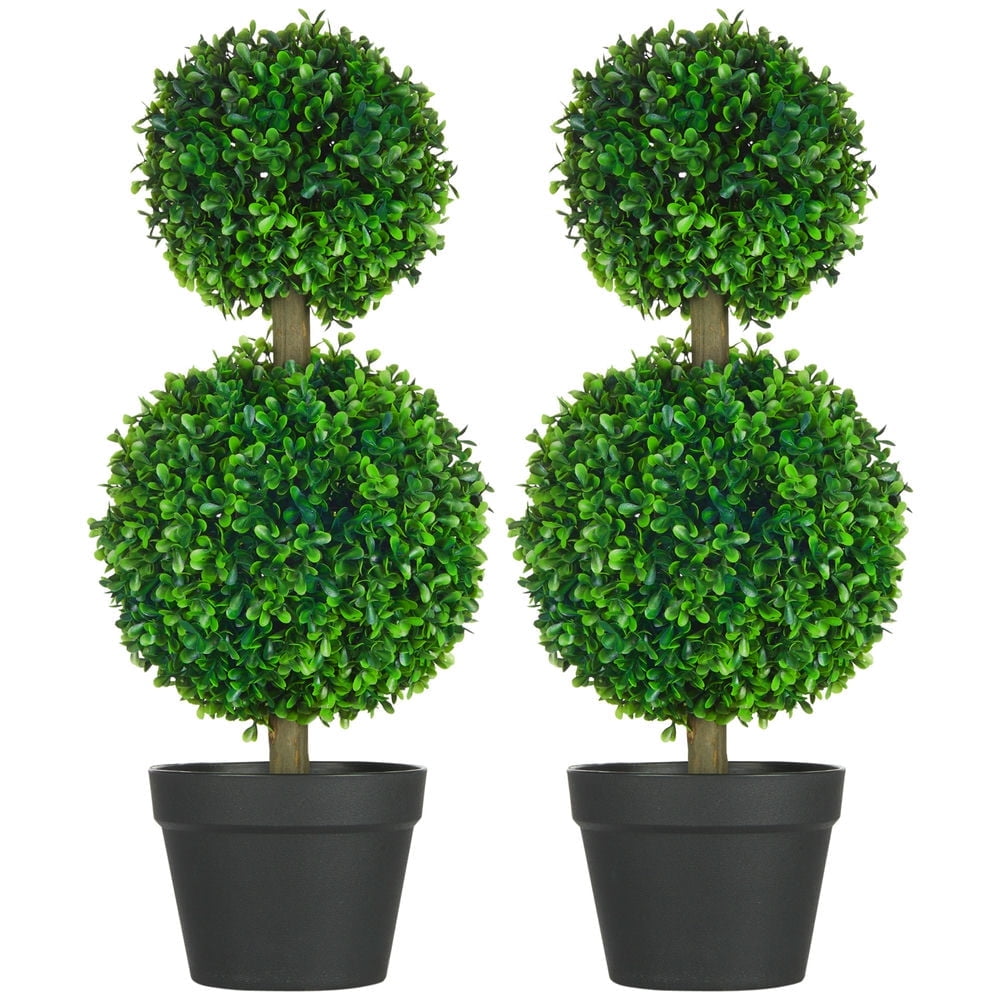 Resenkose 2 Pcs 23.5" Artificial Boxwood Ball Topiary Tree Set of 2 Fake Plants in Pot with Double Ball-Shaped Leaves, Green